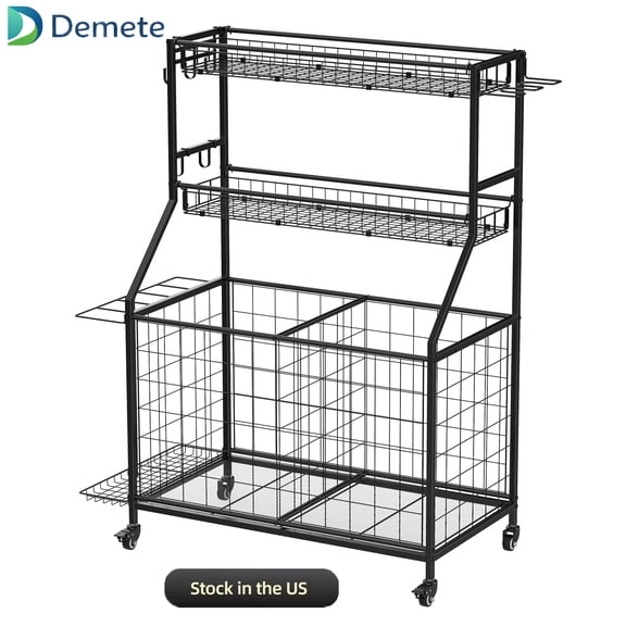 Demete Garage Storage Rack with Baskets and Hooks, Rolling Sports Equipment Organizer, Carbon Steel, 42.72 inch x 16.93 inch x 46.06 inch