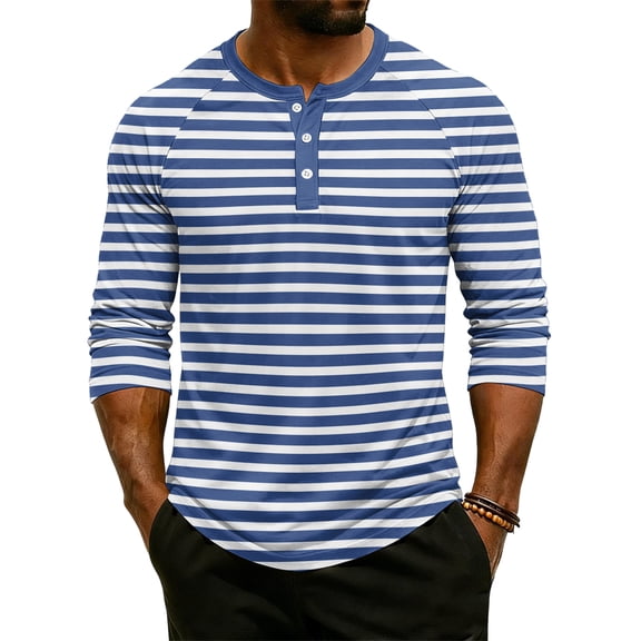 CCRFTGI Henley Shirts for Men 3/4 Sleeve Raglan Big and Tall Striped Shirts Sport Athletic Button Up Basic Summer Fall Blouse Tops Blue XL