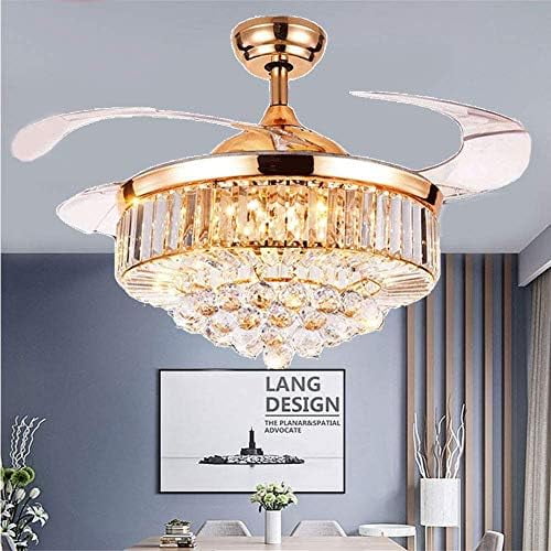 42" Crystal Ceiling Fan Chandelier with Remote,Retractable Blade Ceiling Fan with Lights,Modern LED Fandelier with Fixture Kits 3- Lighting Changed Lamp for Bedroom Living Room