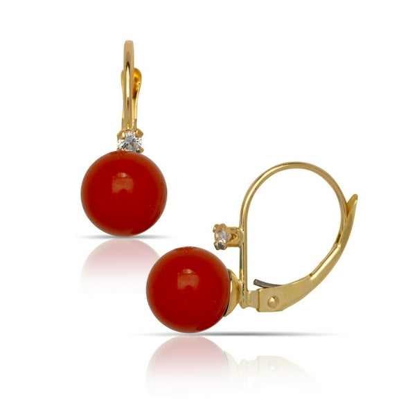 14k Yellow Gold Red 7x7mm Simulated Coral Ball Drop Leverback Earrings - Measures 20x7mm