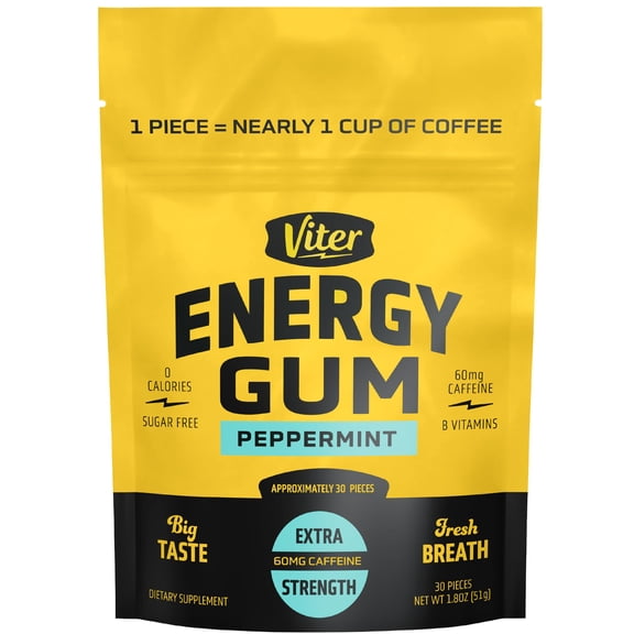 Chicles Viter Energy con cafeína de 60 mg (sabor menta, 30 unidades): sin azúcar, vitaminas B3, B6, B9 y B12, cero calorías. Mas