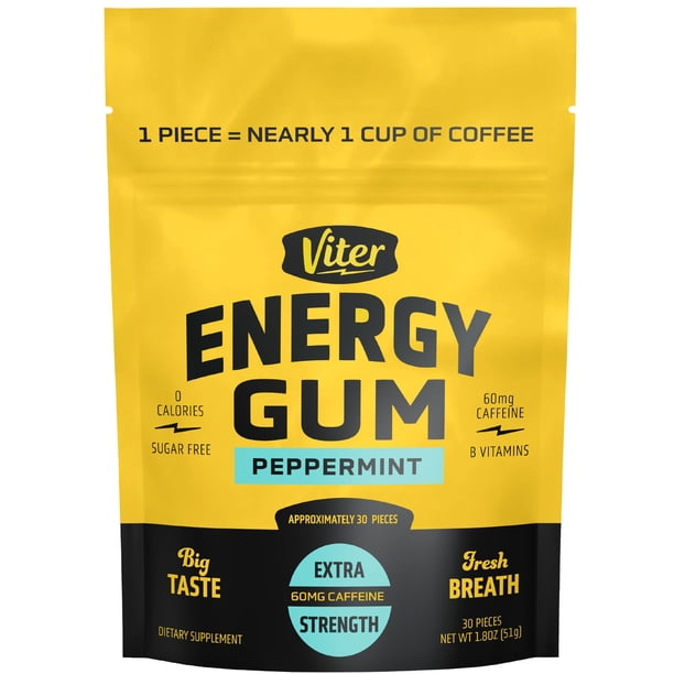 Chicles Viter Energy con cafeína de 60 mg (sabor menta, 30 unidades): sin azúcar, vitaminas B3, B6, B9 y B12, cero calorías. Mas