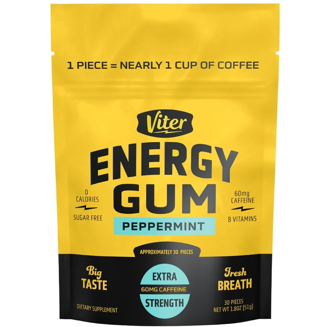 Chicles Viter Energy con cafeína de 60 mg (sabor menta, 30 unidades): sin azúcar, vitaminas B3, B6, B9 y B12, cero calorías. Mas