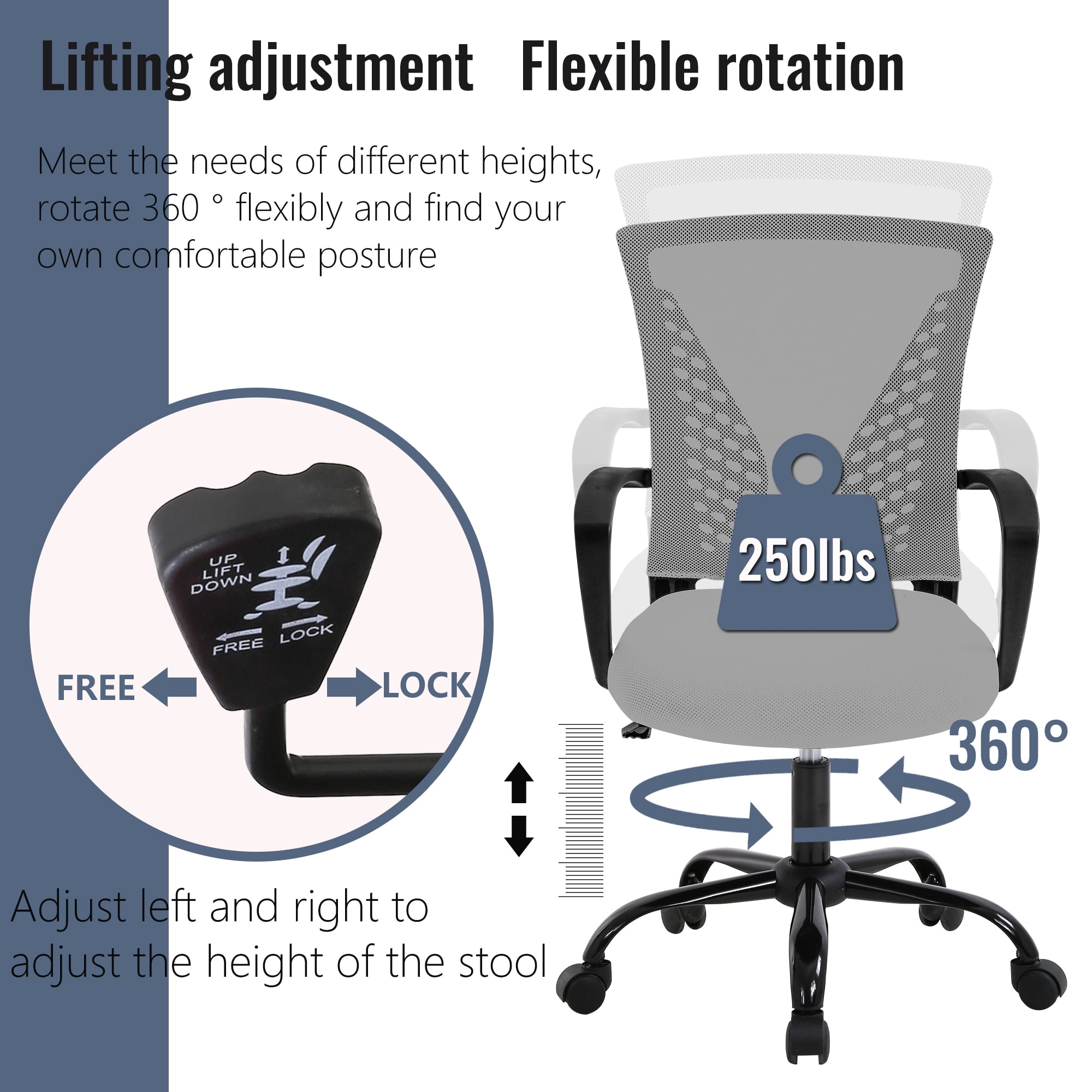 FDW Ergonomic Office Chair, Lumbar Support, Swivel Rolling for Men, Women(Grey)