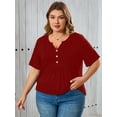 thumbnail image 2 of SHOWMALL Women's Plus Size Henley Shirt Short Sleeve V Neck Tunic Tops Button Up Blouse Wine Red 3X Casual Pleated Basic Tops, 2 of 6