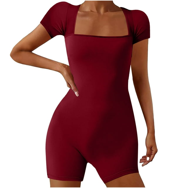AherBiu Athletic Rompers for Women Stretchy Square Neck Workout Butt Lift Bodysuits Yoga Jumpsuits Shorts