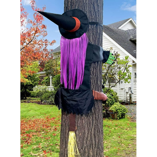 Bruja de tamaño real chocando contra la columna de la puerta del árbol decoración al aire libre de Halloween, decoración divertida de adornos de bruja de Halloween TUNC Sencillez