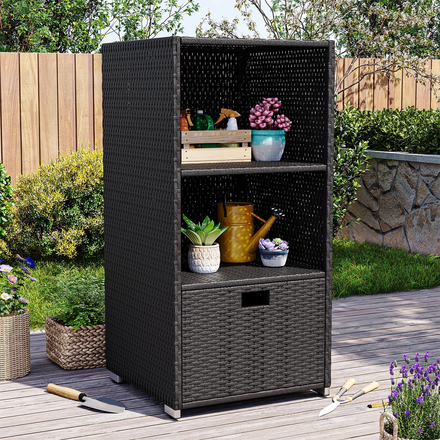 BaPiPro Outdoor Towel Rack for Pool, Rattan Wicker Storage Cabinet with Shelf & Drawer, Poolside Towels Valet, 47" Tall Black