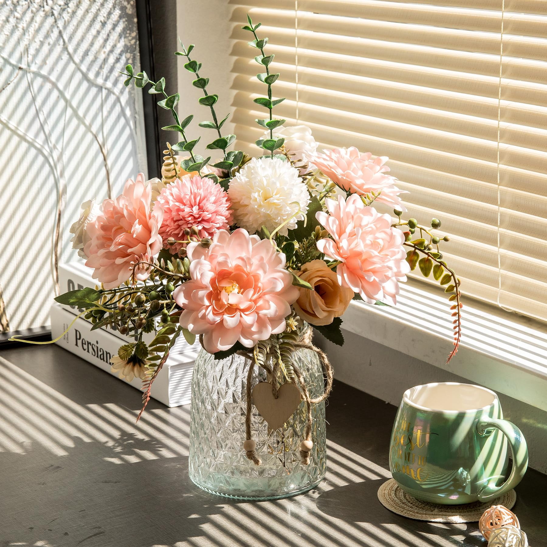 Silk Dahlia Fake Flowers in Vase, Pink Artificial Flowers for Home Decor, Faux Floral Arrangement with Glass Vase for Coffee Table Centerpiece Living Room Bathroom Office Décor, Pink