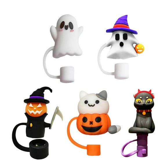 Mozhitti 5PCS Pumpkin Straw Covers For Cup Halloween Straw Cover Proof Plugs Protector 3D Silicone Straw Toppers Straw Tips Drinking Cap For 10 Mm