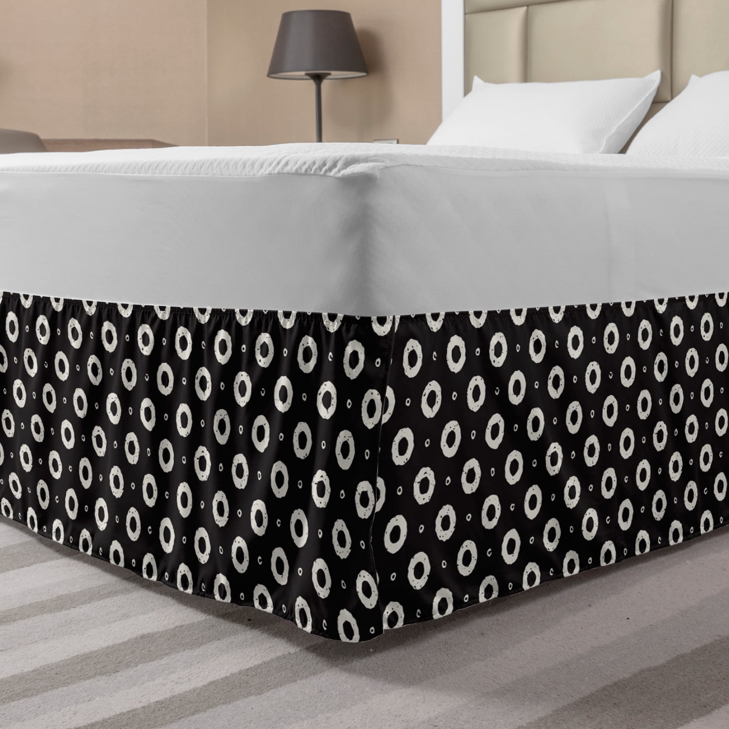 Black and White Bed Skirt, Hand Paint Style Small and Big Geometric