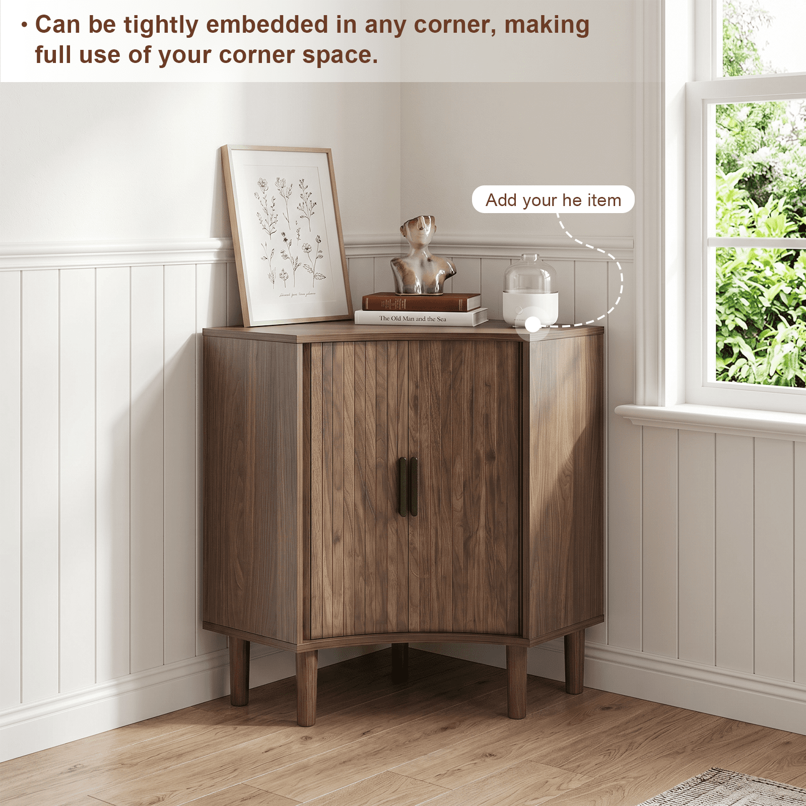 Walnut Fluted Corner Storage Cabinet with Sliding Doors & Adjustable Shelves, Modern Freestanding Narrow Floor Cabinet for Bathroom Living Room Dining Room Small Spaces