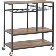 Industrial Kitchen Bakers Rack cart with Wheel, 31.5" Wood Standing Rolling Microwave Oven Stand, Metal Frame, Utility Storage Shelf, Wire Basket