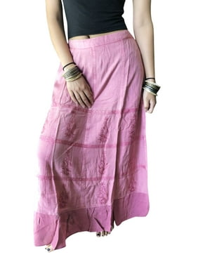 Womens Maxi Skirts, Pink Stonewashed Embroidered Bohemian Skirt, A-line Peasant Skirts S/M
