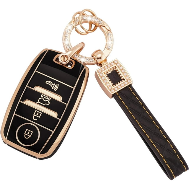 for Kia Key Fob Cover 4 Buttons Soft TPU Smart Car Key Shell Case for Kia Optima Soul Sportage Sorento Forte NIRO Rio Key Protector with Bling Leather Keychain,1,Black