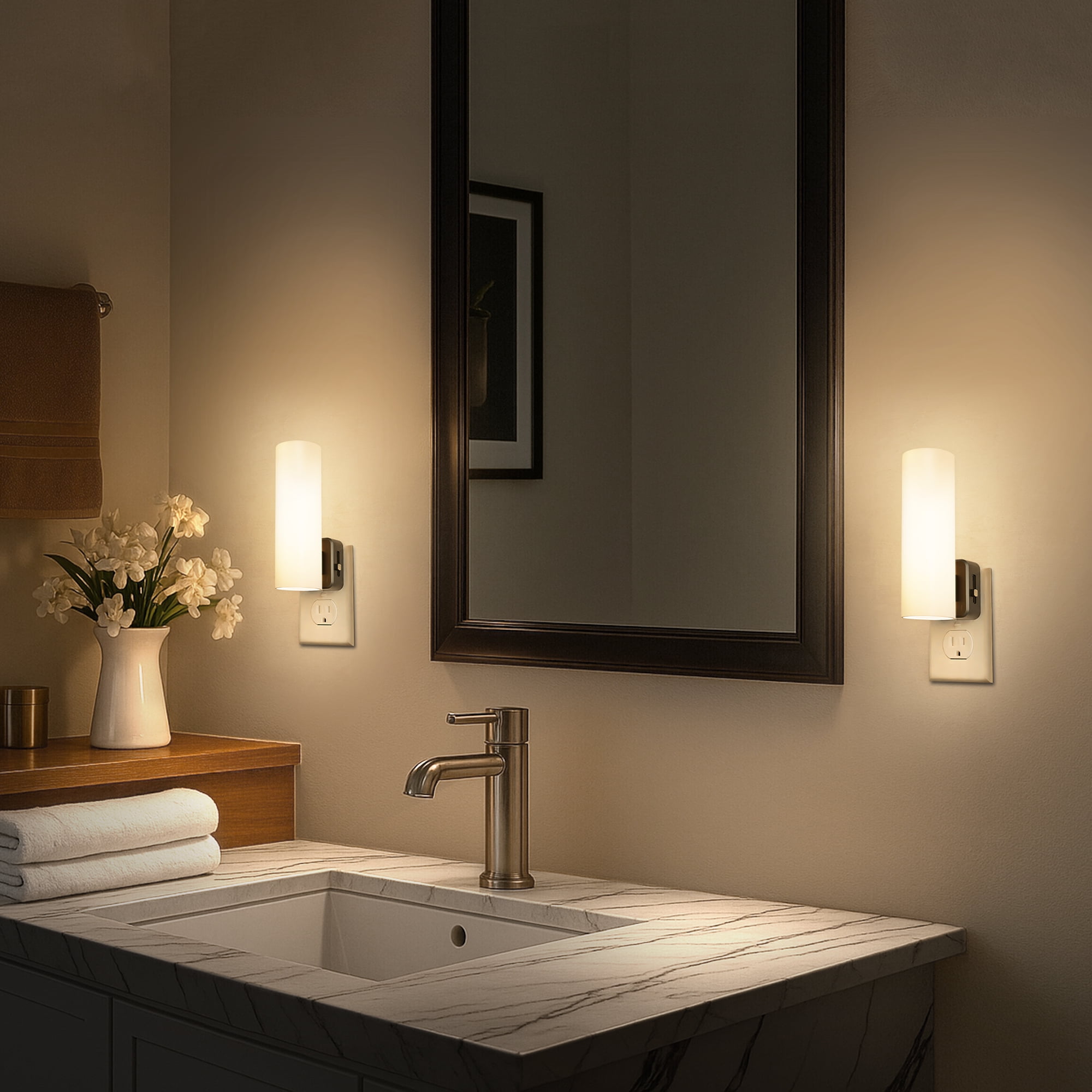 YANSUN 2 Pcs  Warm White 3000K Decorative Perforated Cylinder Shade Night Light, Plug in Dimmable with Dusk to Dawn Sensor
