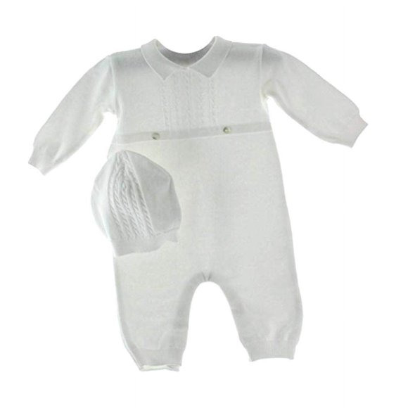 Feltman Brothers Newborn Boys White Knit Romper Hat Set Take Home Outfit
