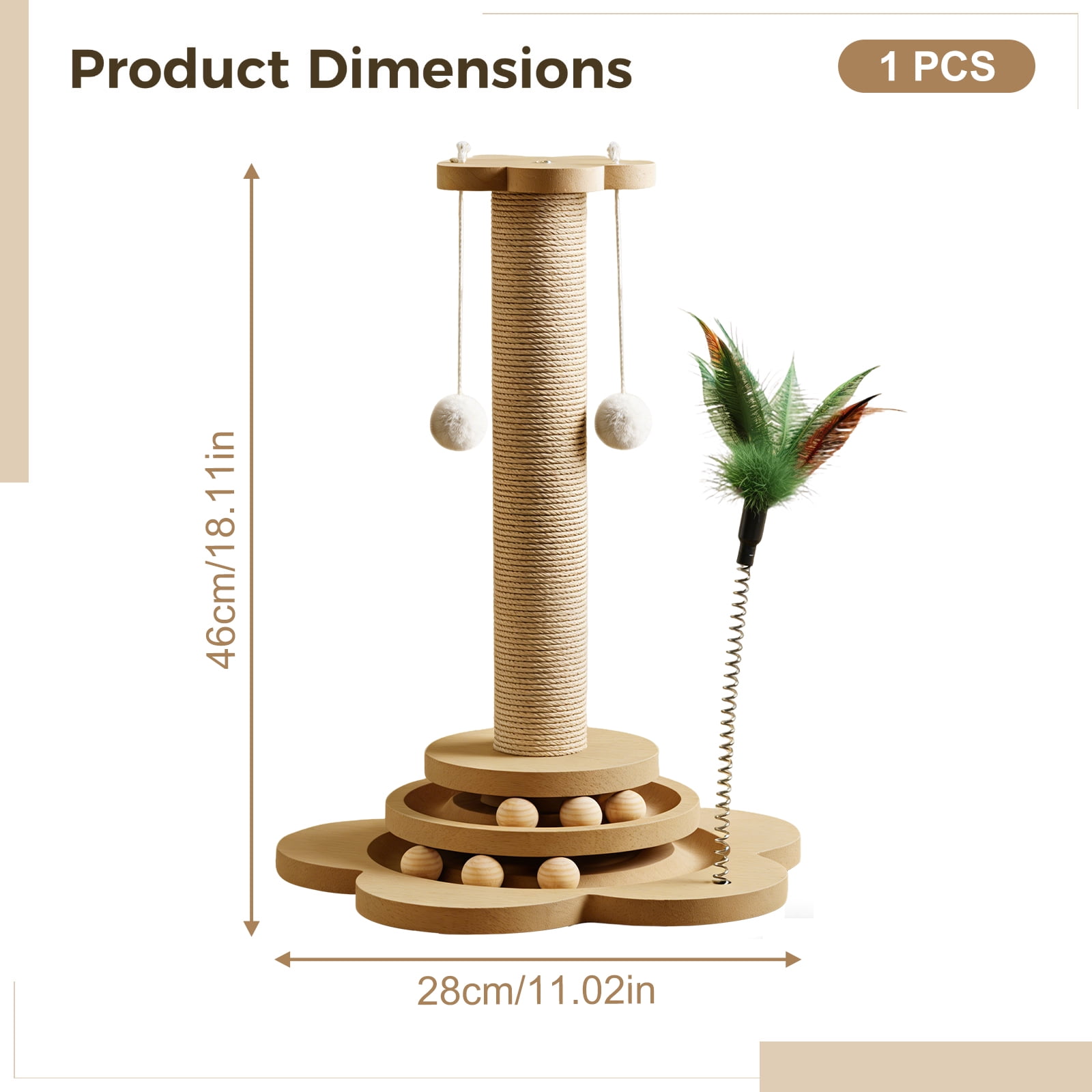 18.1 in Solid Wood Cat Scratching Post with Sisal-Covered, Rolling Balls, and Feather Teaser - Interactive Cat Scratcher for Play, Scratch, and Rest, Protects Furniture