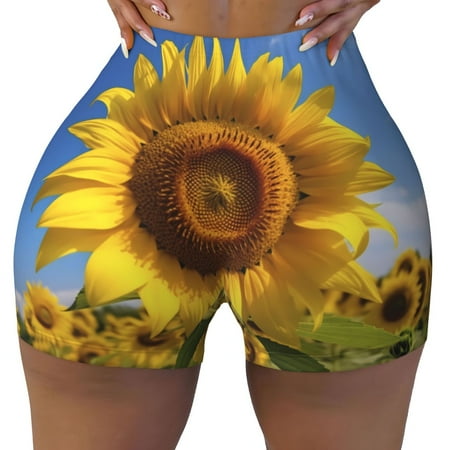 Workout Shorts Women  Sky Golden Sunflower Field A Biker Shorts for Women Running Gym Spandex Shorts Tummy Control
