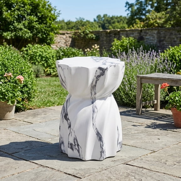 Modern Sculptural Fluted Concrete Side Table - Hourglass Shape Outdoor Accent Table