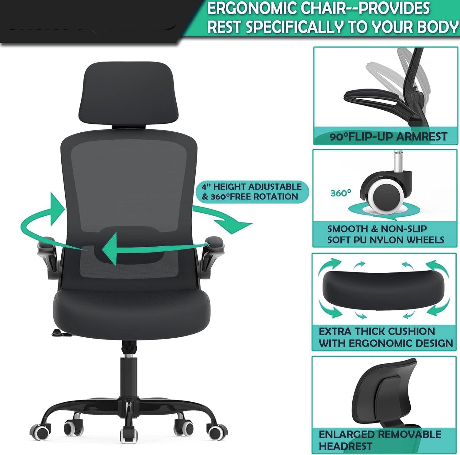 BRTHORY Office Chair Height-Adjustable Ergonomic Desk Chair with Lumbar Support, Breathable Mesh Computer Chair High Back Swivel