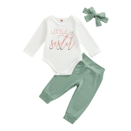 

Baby Girl Set Letter Long Sleeve Romper Striped Pants Hair Band Outfit