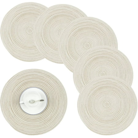 

Braided Round Placemats Crossweave Heat Resistant Place Mats for Kitchen Table Set of 6-15 Inch(Beige)