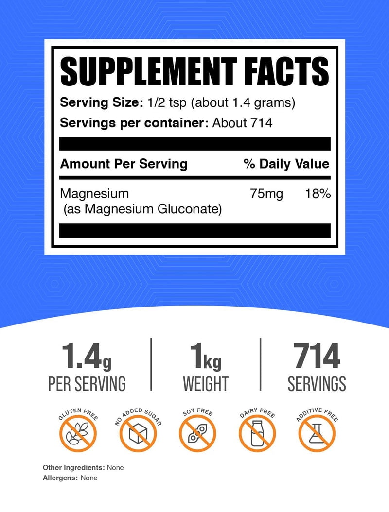 BulkSupplements Magnesium Gluconate Powder- 1.4g per Serving - 1 Kilogram (2.2 lbs) - 714 Servings
