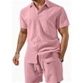 thumbnail image 3 of Men 2 Piece Outfit Solid Short Sleeve Button Shirt and Drawstring Shorts Summer Casual Set Pink L, 3 of 6