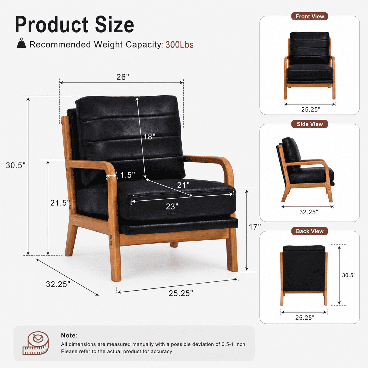 Homy Casa Mid-Century Accent Chair, Upholstered Lounge Reading Chair with Wood Frame, Black