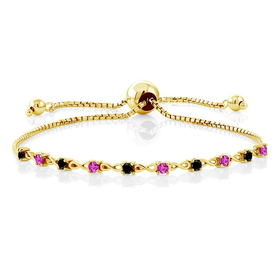 Gem Stone King 0.58 Ct Round Black Diamond Pink Sapphire 18K Yellow Gold Plated Silver Bracelet for Women