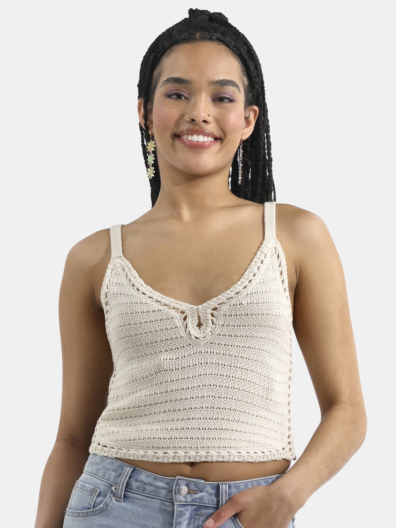 No Boundaries Crochet Sweater Cami with Keyhole Women's Cropped