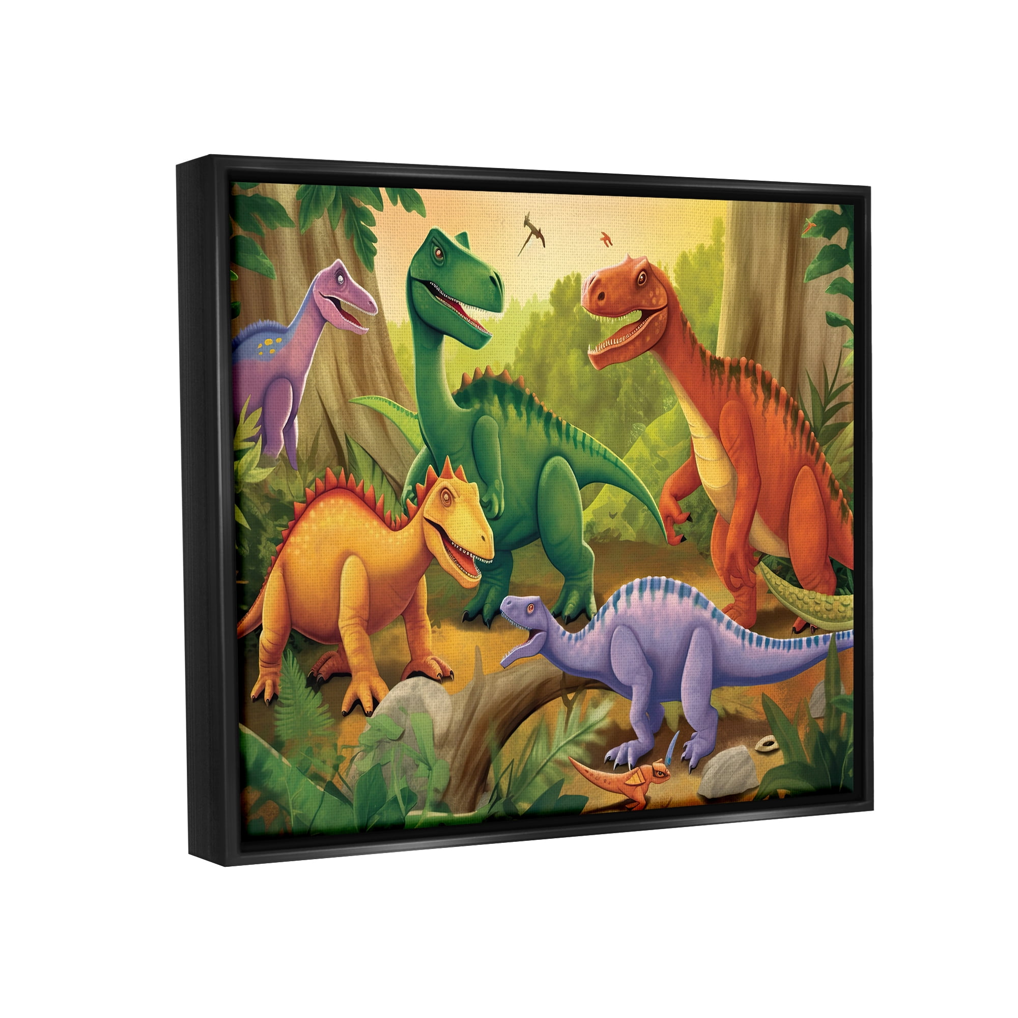 Stupell Industries Dinosaurs in Jungle Scene Animals & Insects Painting Black Floater Framed Art Print Wall Art, 21 x 17