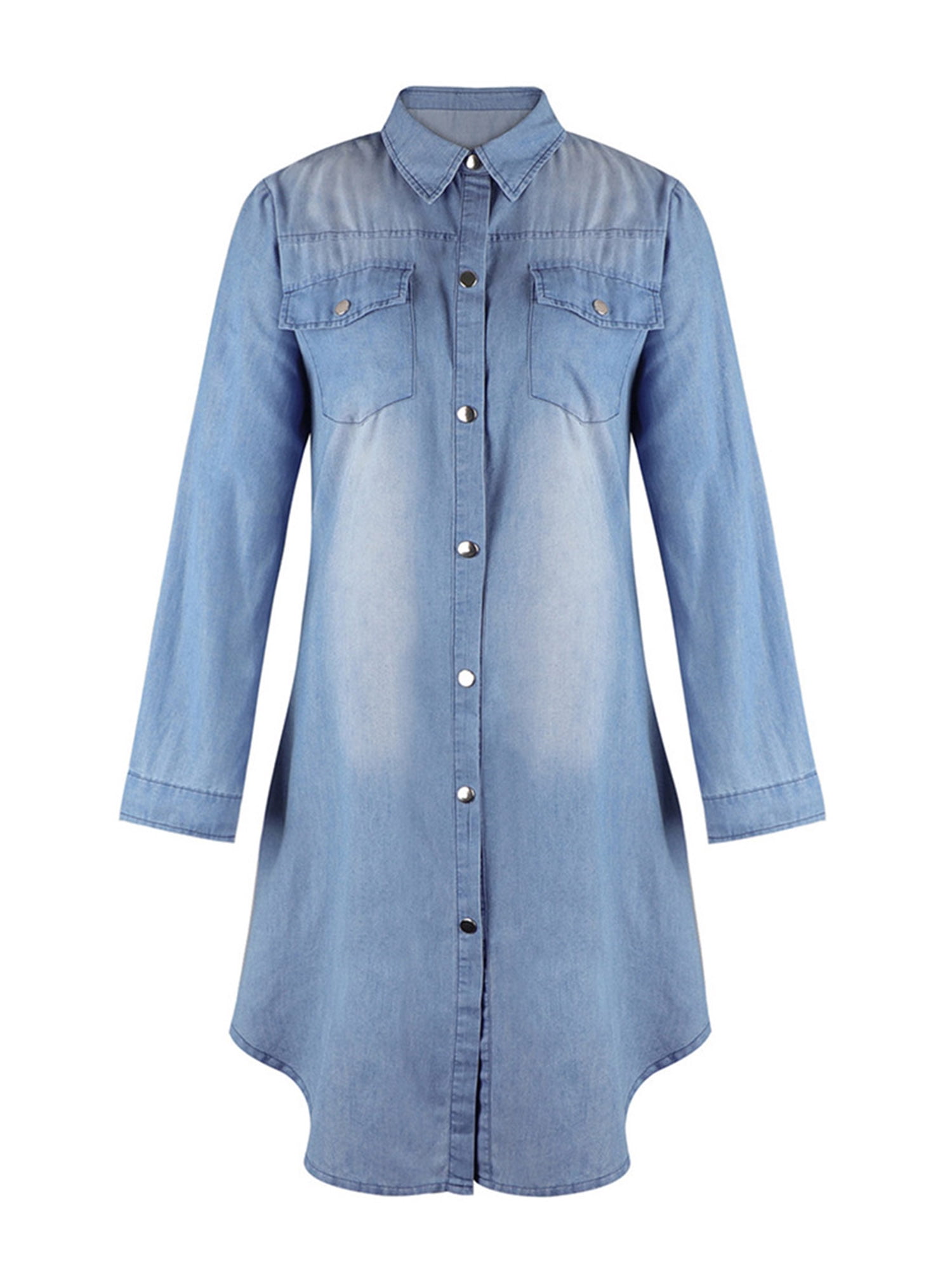 Women's Denim Shirt Dresses Long Sleeve Distressed Jean Dress Button Down Casual Tunic Top