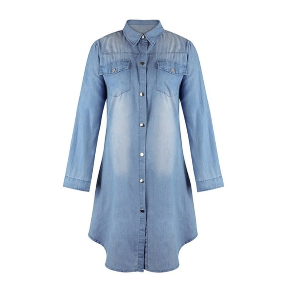 Gupgi Women Summer Denim Dress Elegant Turn-down Collar Dress Loose Dress