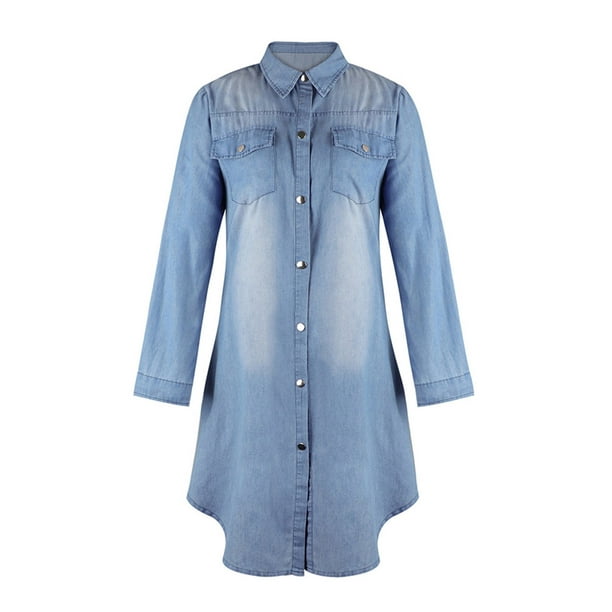 Txlixc Vestido camisero de mezclilla a la moda para mujer, manga larga, solapa, un solo pecho, casual, color sólido, túnica, tops Txlixc Estilo de ocio