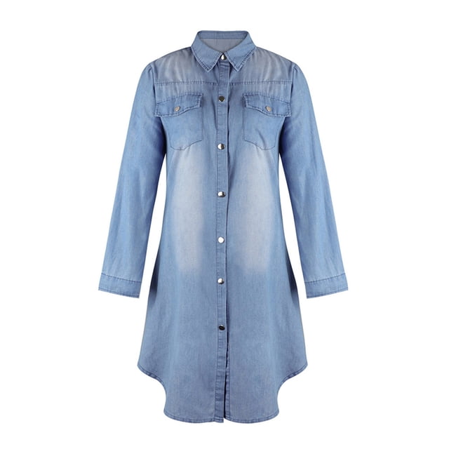 Txlixc Vestido camisero de mezclilla a la moda para mujer, manga larga, solapa, un solo pecho, casual, color sólido, túnica, tops Txlixc Estilo de ocio