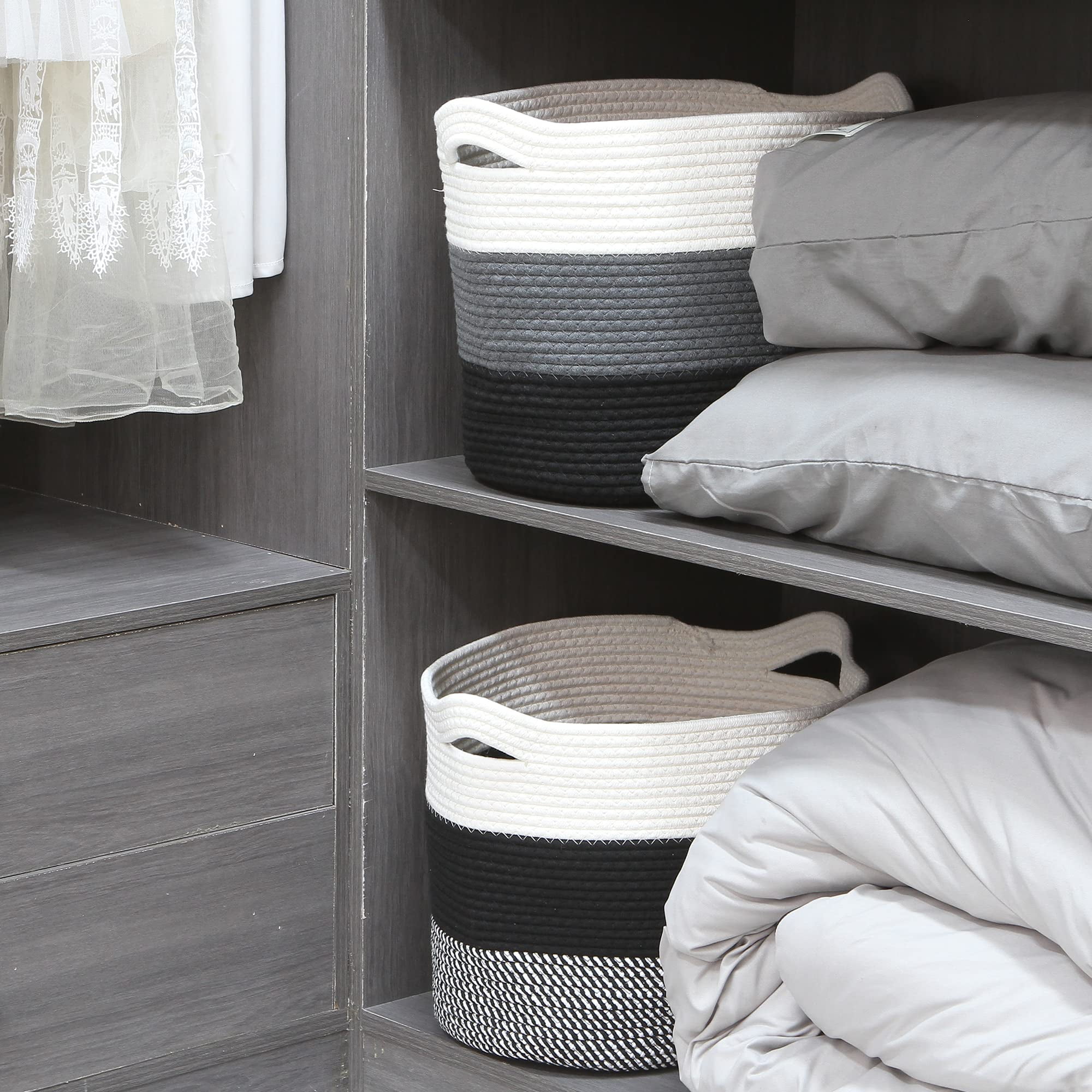 Sea Team Oval Cotton Rope Woven Storage Basket with Handles, 16 x 13 inches, White & Black