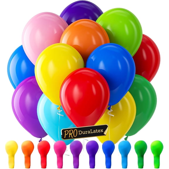 Pro Duralatex Assorted Rainbow Balloons - 100 Pack 12 inch Extra-Thick Rainbow Balloons for Long-Lasting Professional Party Decorations, Large Birthday Baby Shower Wedding