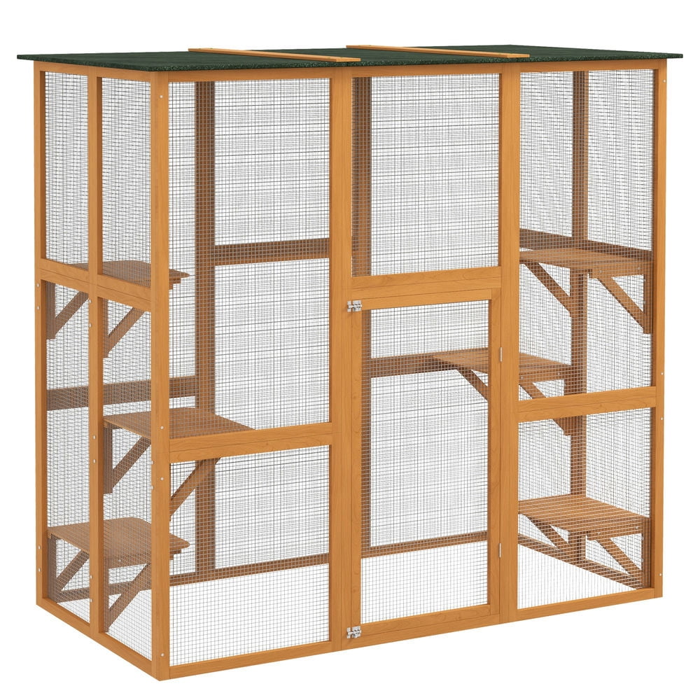 Resenkos Cat Playpen,Outdoor Cat House Big Catio Wooden Feral Cat Shelter Enclosure with Large Spacious Interior, 6 High Ledges, Weather Protection Asphalt Roof, 71" L, Orange