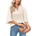 thumbnail image 2 of Camiseta informal de color puro con mangas acampanadas y cuello en V para mujer para uso en verano, 2 of 8