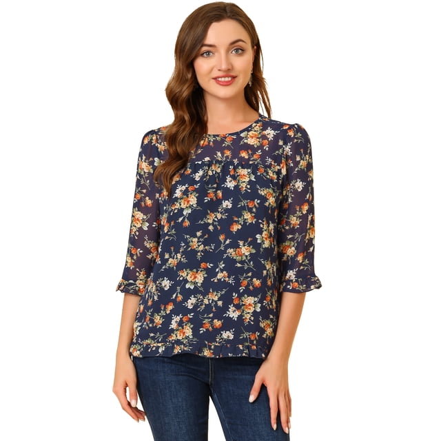 BluCasual De GaCon Estampado Floral De Man3/4 Con Volantes PaMujer Azul oscuro blanco naranM