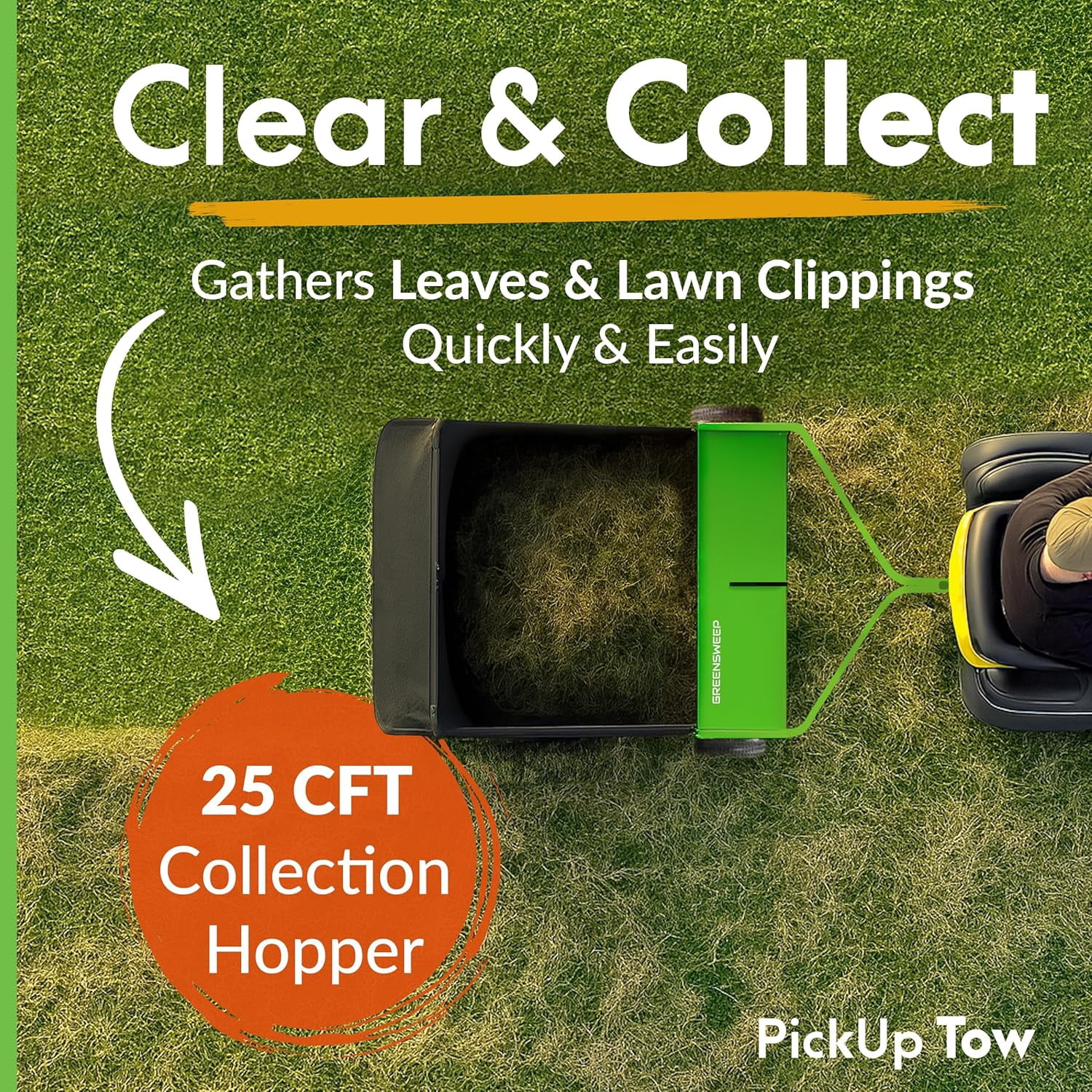 GreenSweep Pickup Tow 42-Inch 10.5 Cubic Feet Tow-Behind Lawn Sweeper with Adjustable Brush Height, Large Grass Catcher Hopper