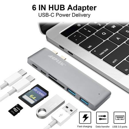 AGPtek 6 in 1 Type-C USB-C Hub Adapter Dual USB 3.0 Port Thunderbolt 3 SD card and Micro SD slot for MacBook