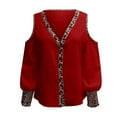 thumbnail image 6 of USSUMA Women's Sexy Cold Shoulder Tops and Blouses Trendy Leopard V Neck Blouse Button up Lantern Sleeve Shirt Tops Dressy, 6 of 7