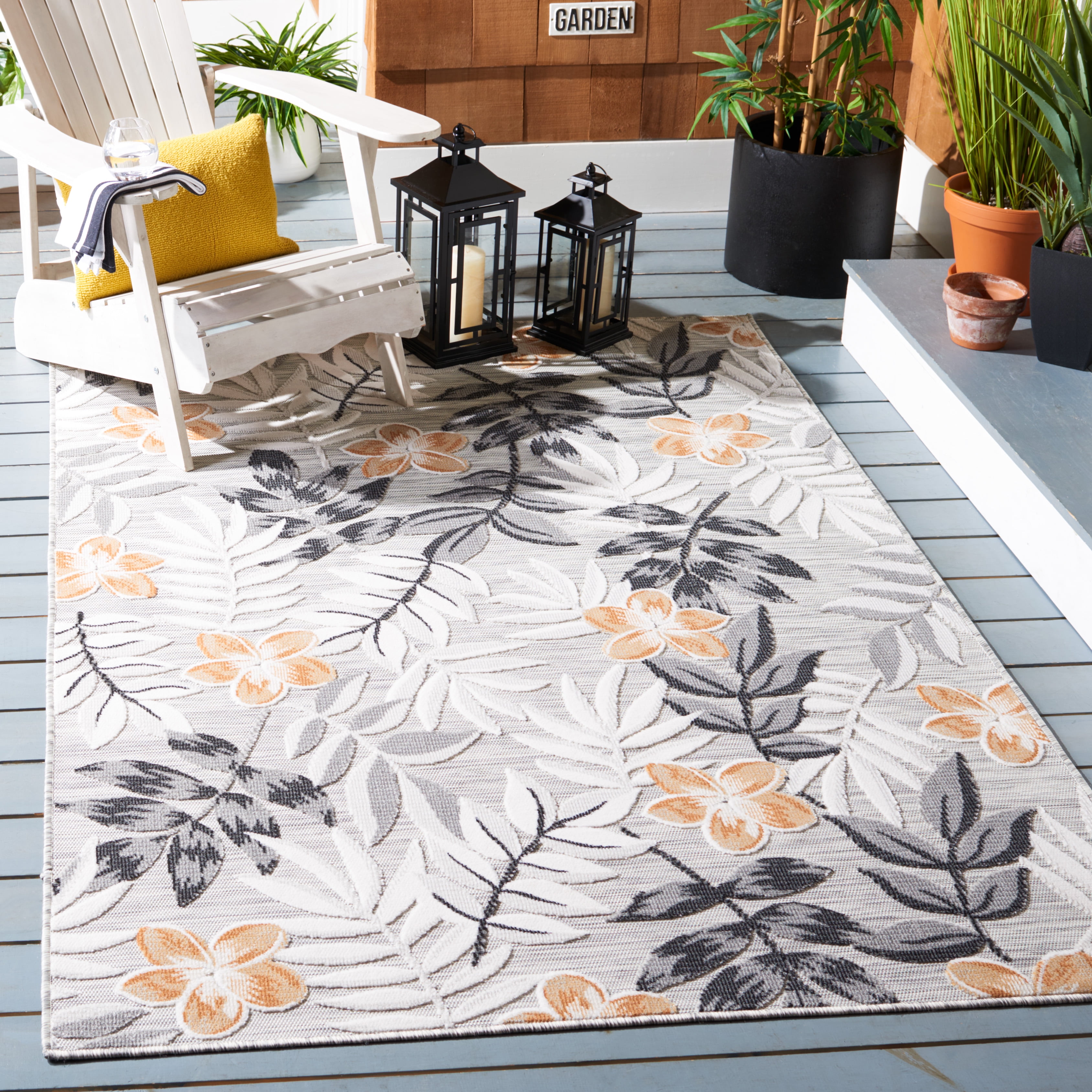 SAFAVIEH Cabana Blazhe Botanical Indoor/Outdoor Area Rug, Grey/Ivory, 5'1" x 7'6"