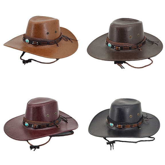 Helii Faux Leather Cowboy Hat for Men Women – Wide Brim Western Hat with Beaded Band & Adjustable Chin Strap, Unisex Cowgirl Hat for Costume Party Outdoor Hiking Bronze,One Size