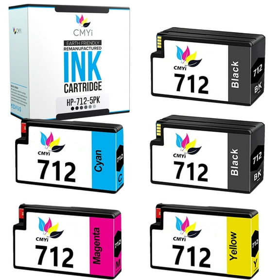 CMYi Combo Pack of 5 Inkjet Printer Ink Cartridges Compatible for HP 712, 2 Black, 1 Cyan, 1 Magenta, 1 Yellow