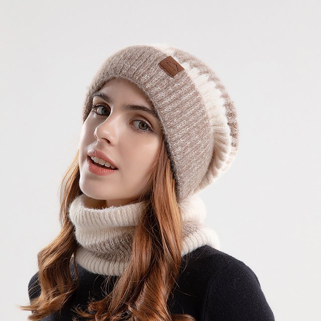Teissuly Beanies Hats Winter Solid Color Woolen Hat Thickened Warmth Ear Protection And Cold Protection Knitted Hat Neck Set Of Two