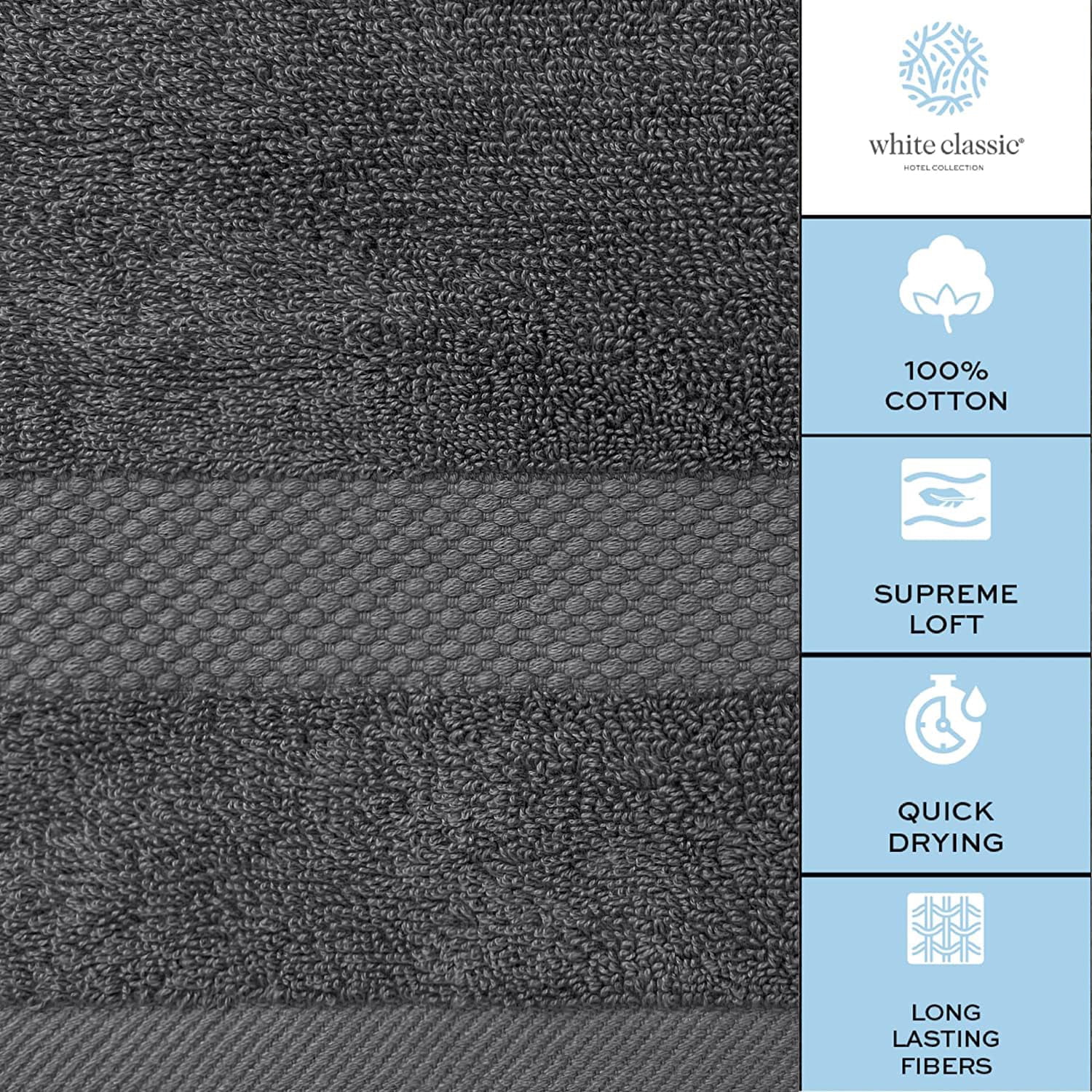 White Classic Hotel Collection Luxury Soft Cotton Hand Towels, Dark Gray, 16 x 30, 6 Pack